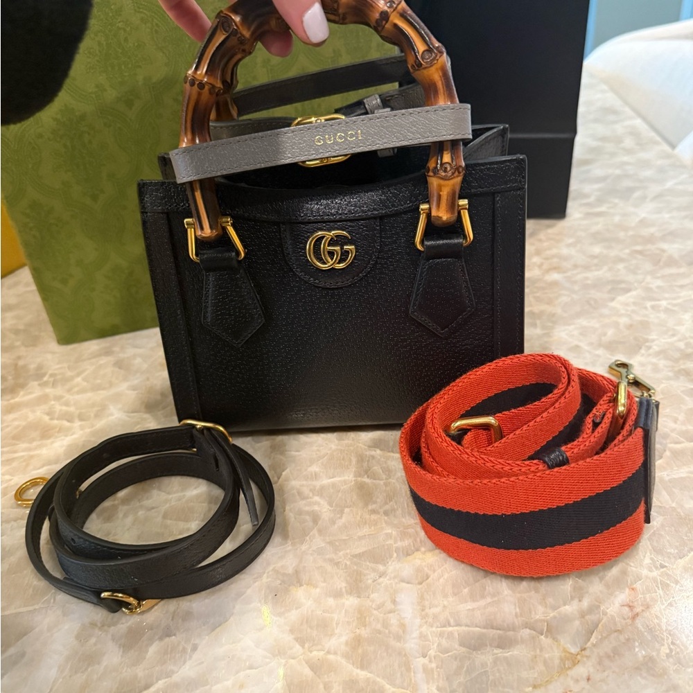 Gucci Black Leather Mini Tote with Bamboo Top Handle and Straps